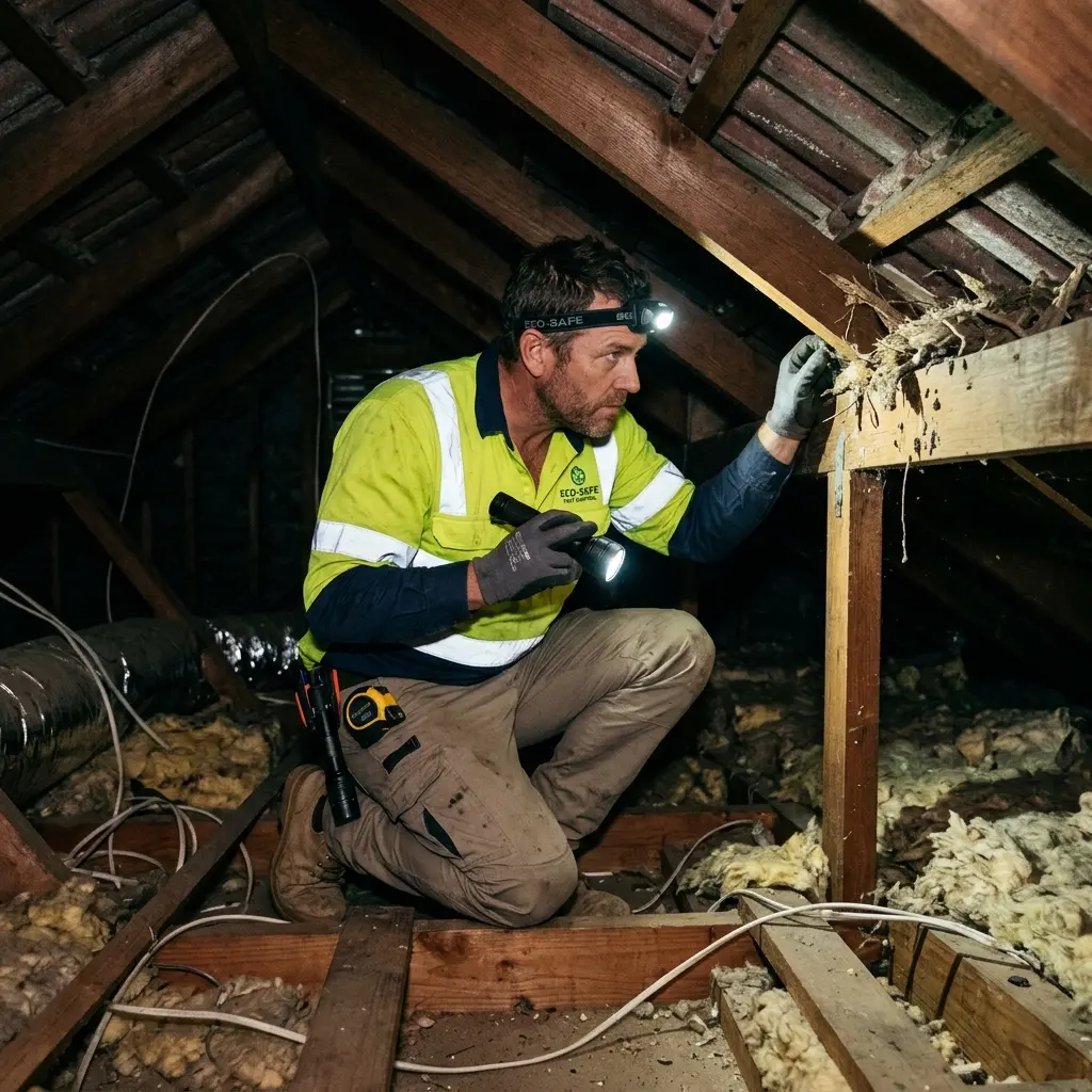 Technician inspecting a roof cavity for a dead animal in Wesburn